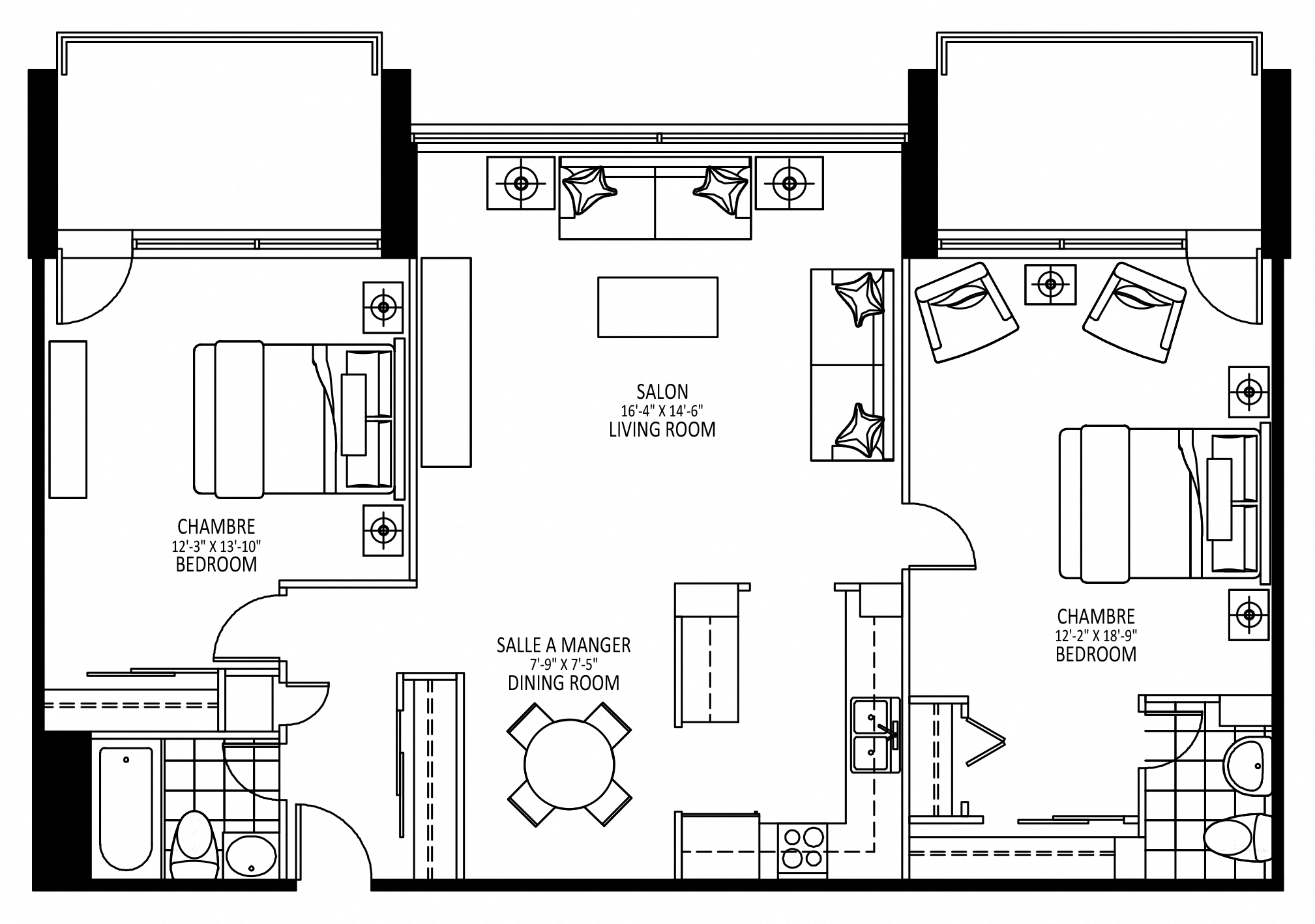 Floor plan for 2 beds, 1.5 baths, 970 sqft